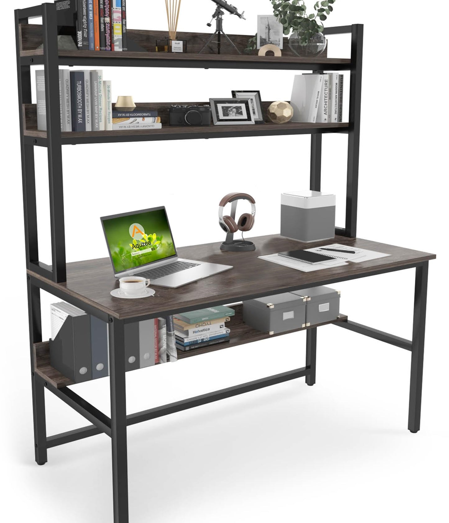 Aquzee Grey Desk with Hutch and Open Bookshelves for Organised Storage - WoodArtSupply