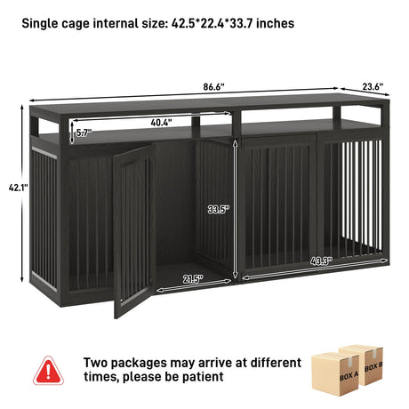 87In Farmhouse Dog Crate TV Stand, Wooden Dog Kennel Furniture with 2 Doors, Large Dog Crate Furniture for 2 Dogs, Solid Metal Tube & 4 Lockable Doors, Black jiteentarou