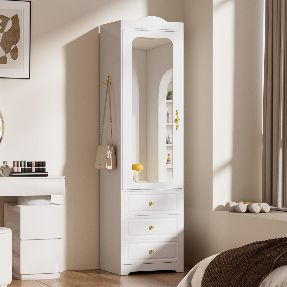 JanflyHome Armoire Wardrobe Closet, Updated White Bedroom Armoires Cabinet with Mirror Door and 3 Drawers, 15.7" W/69.5" H Clothing Storage Cabinet with Hanging Rod & Sensor Light for Bedroom-Right JanflyHome