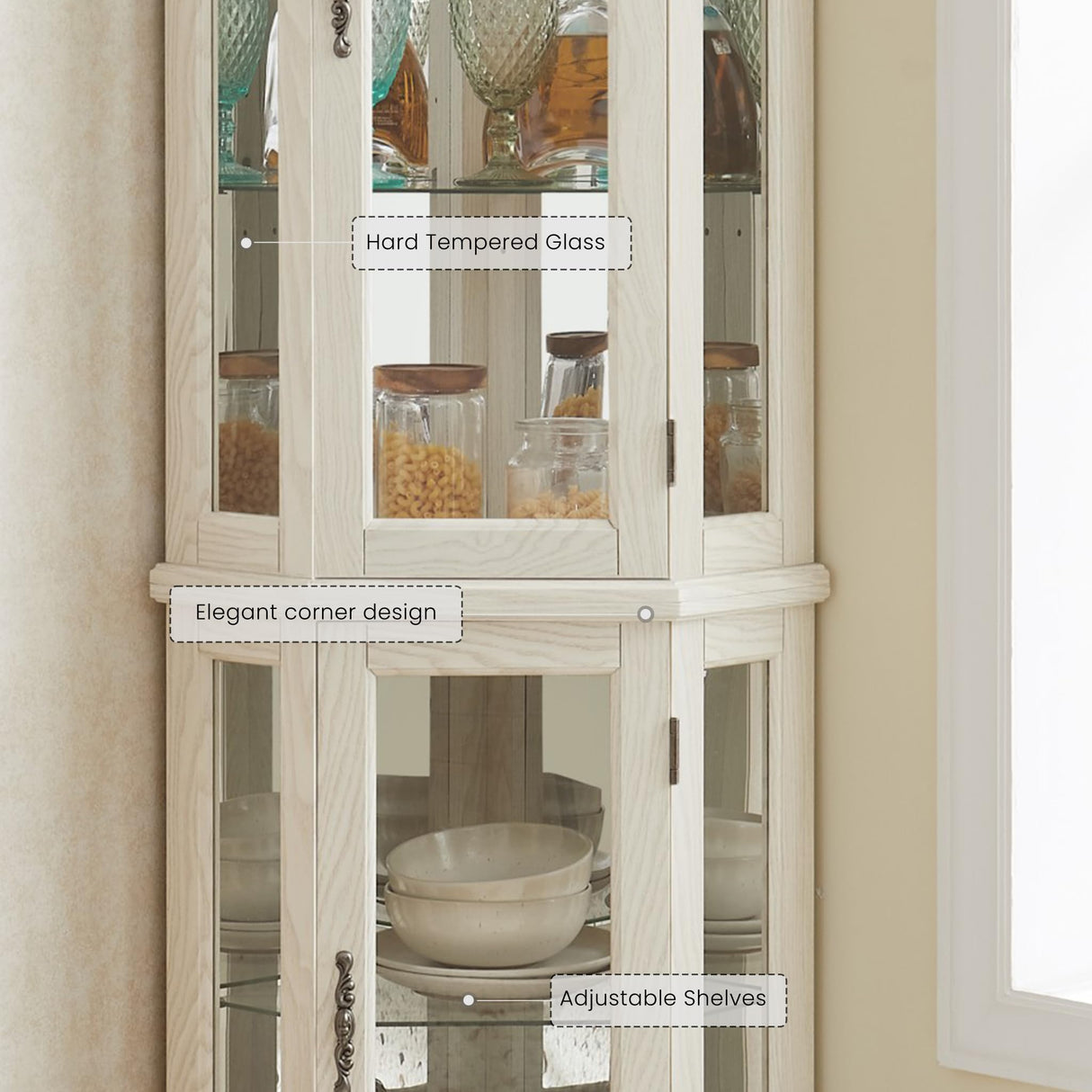 CKEASEAN Corner Curio Cabinet, 70.5" H Lighted Glass Display Case with 5 Adjustable Tempered Glass Shelves, Light Bulb Included, Wine Cabinet Rack for Bar and Liquor Storage (White) CKEASEAN