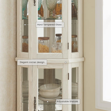 Eyisean Lighted Corner Curio Cabinet 70.5" Tall Wooden China Cabinet with Tempered Glass Doors, Freestanding Glass Display Case Wine Cabinet Storage Rack for Bar and Liquor Storage (White) Eyisean