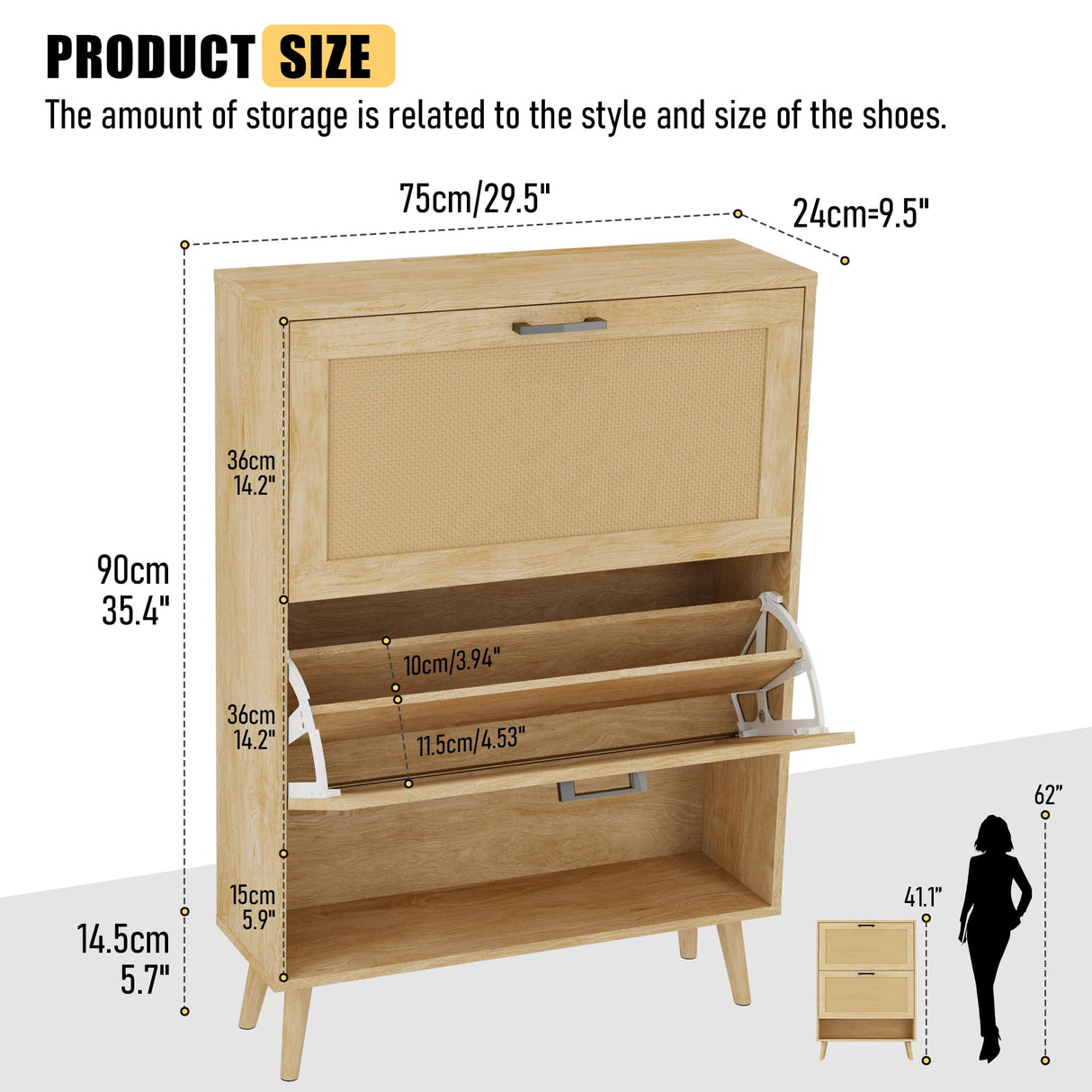 Gadroad Shoe Storage Cabinet with 2 Flip Drawers, Freestanding Hidden Shoe Organizer with Wood Legs, Farmhouse Narrow Shoe Rack for Entryway, Living Room, and Bedroom (Natural) Gadroad