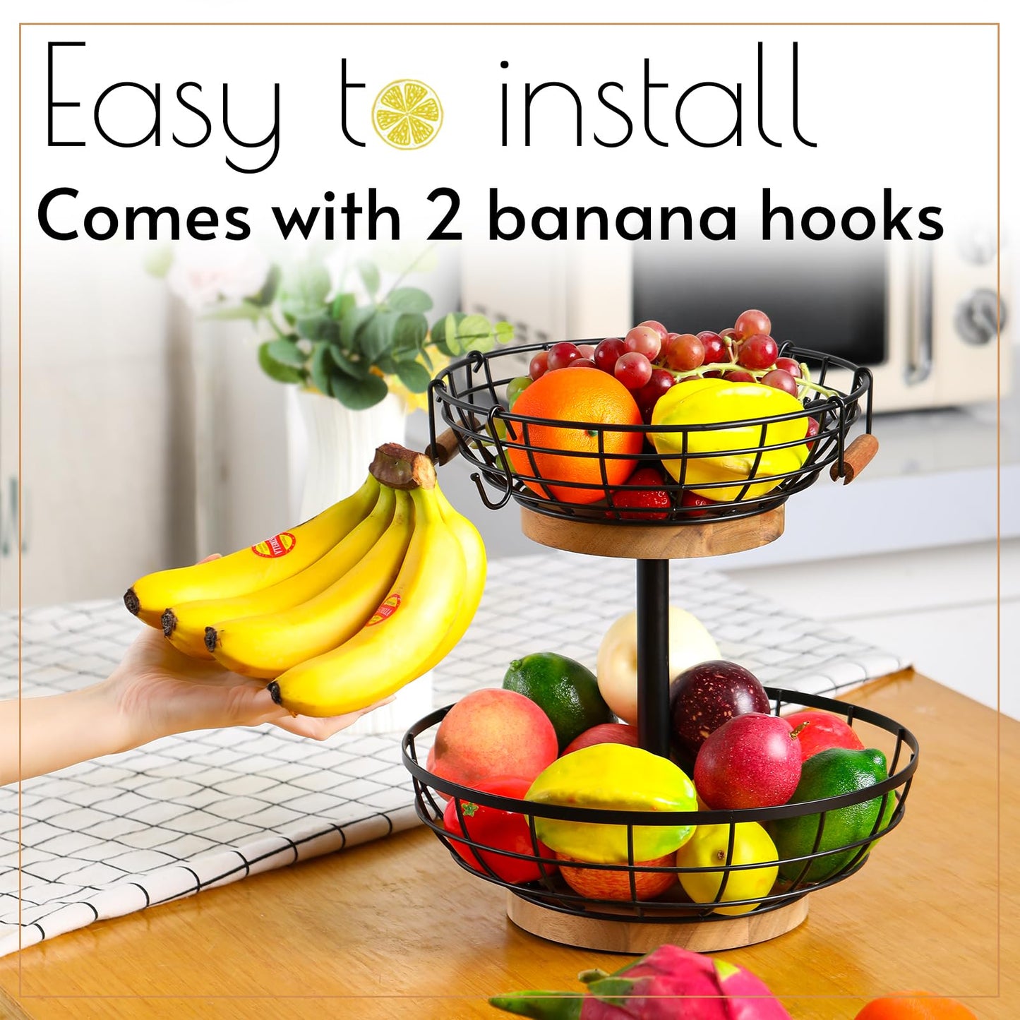 WILDMOS 2-tier Fruit Basket Bowl,Metal Basket with Wooden Base,Fruit and Vegetable Storage with Banana Hanger,Fruit Basket for Kitchen Counter Organizer. - WoodArtSupply