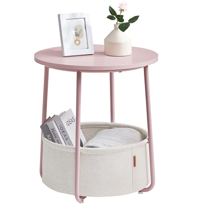 VASAGLE End Table, Small Bedside Table with Fabric Basket, Modern Nightstand, Round Side Table, for Living Room, Bedroom, Jelly Pink and Cream White ULET223R61