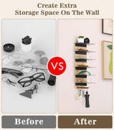 MoKo Sunglass Organizer Storage Rack, 6 Tiers Rustic Wood Sunglasses Display Rack with 3 Hooks, Wall Mounted Sunglass Storage for Entryway Living Room Bedroom, Wood + Black MoKo