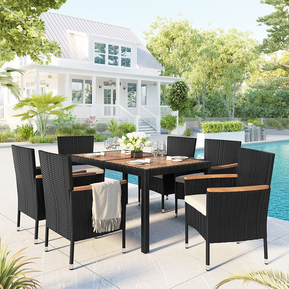 Quarte 7 Piece Outdoor Patio Dining Set, PE Rattan Wicker Dining Table and Chairs Set with Acacia Wood Tabletop and Stackable Armrest Chairs/Water-Proof Cushions Quarte