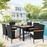 Quarte 7 Piece Outdoor Patio Dining Set, PE Rattan Wicker Dining Table and Chairs Set with Acacia Wood Tabletop and Stackable Armrest Chairs/Water-Proof Cushions Quarte