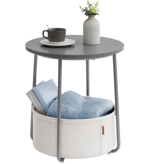 VASAGLE End Table, Small Bedside Table with Fabric Basket, Modern Nightstand, Round Side Table, for Living Room, Bedroom, Cement Gray and Cream White ULET223G49