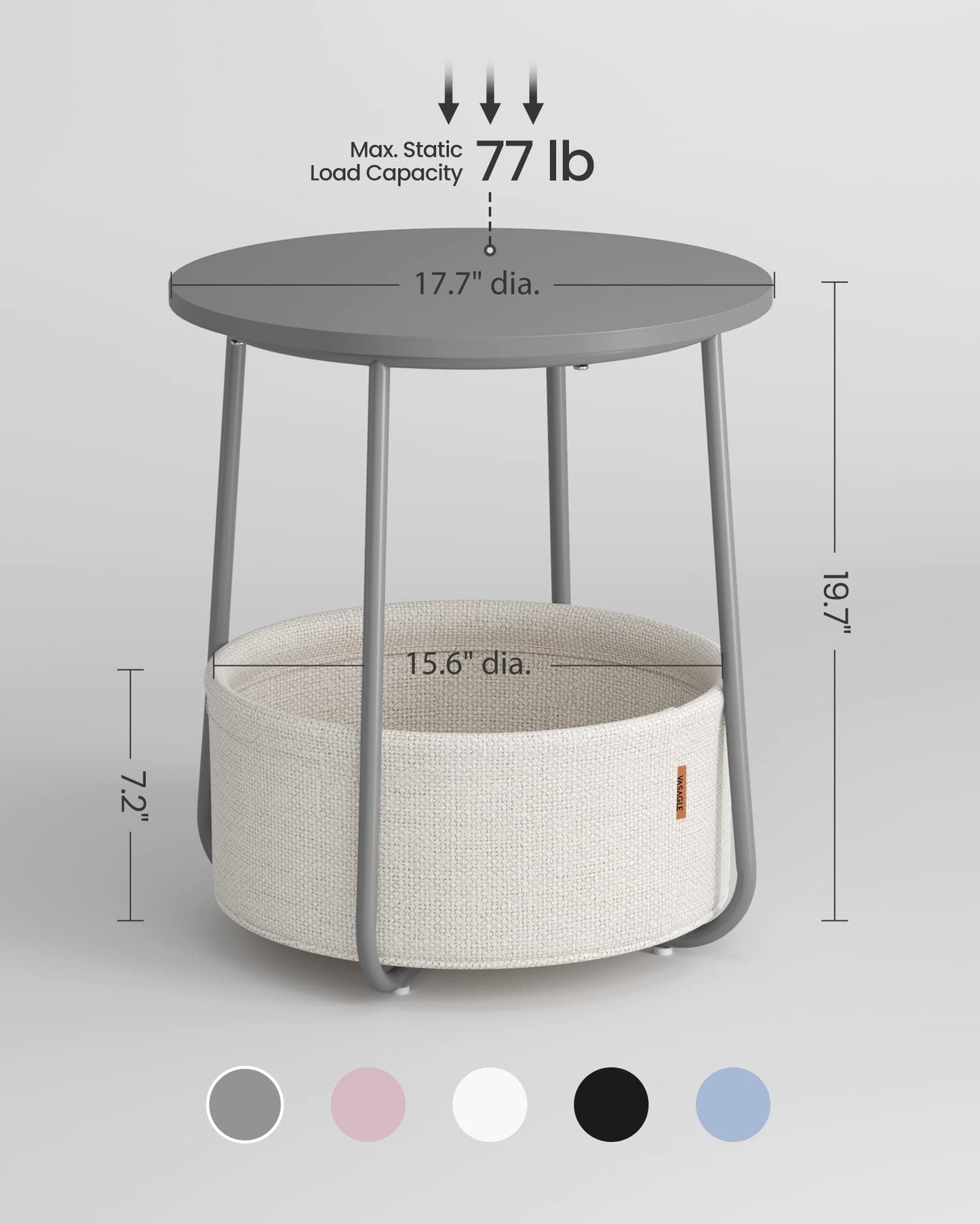 VASAGLE End Table, Small Bedside Table with Fabric Basket, Modern Nightstand, Round Side Table, for Living Room, Bedroom, Cement Gray and Cream White ULET223G49