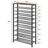 MAHANCRIS 10-Tier Shoe Rack, Shoe Organizer for Entryway, Large Capacity Shoe Shelf, for 36-40 Pairs of Shoes, Stable Sturdy, Shoe Storage with 9 Metal Mesh Shelves, Rustic Brown SRHR1101Z MAHANCRIS