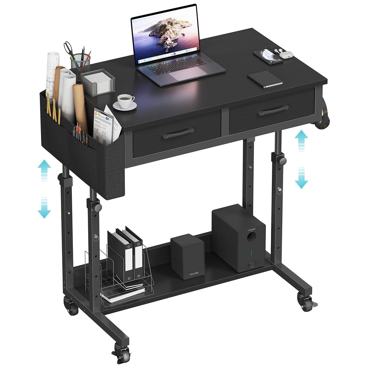 Small Portable Rolling Standing Desk - 32 Inch Adjustable Mobile Stand Up Teacher Desks with 2 Fabric Drawers on Wheels for Classroom, Couch Sofa Side Laptop Table with Storage for Home Office, Black WINAZ