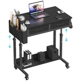 Small Portable Rolling Standing Desk - 32 Inch Adjustable Mobile Stand Up Teacher Desks with 2 Fabric Drawers on Wheels for Classroom, Couch Sofa Side Laptop Table with Storage for Home Office, Black WINAZ