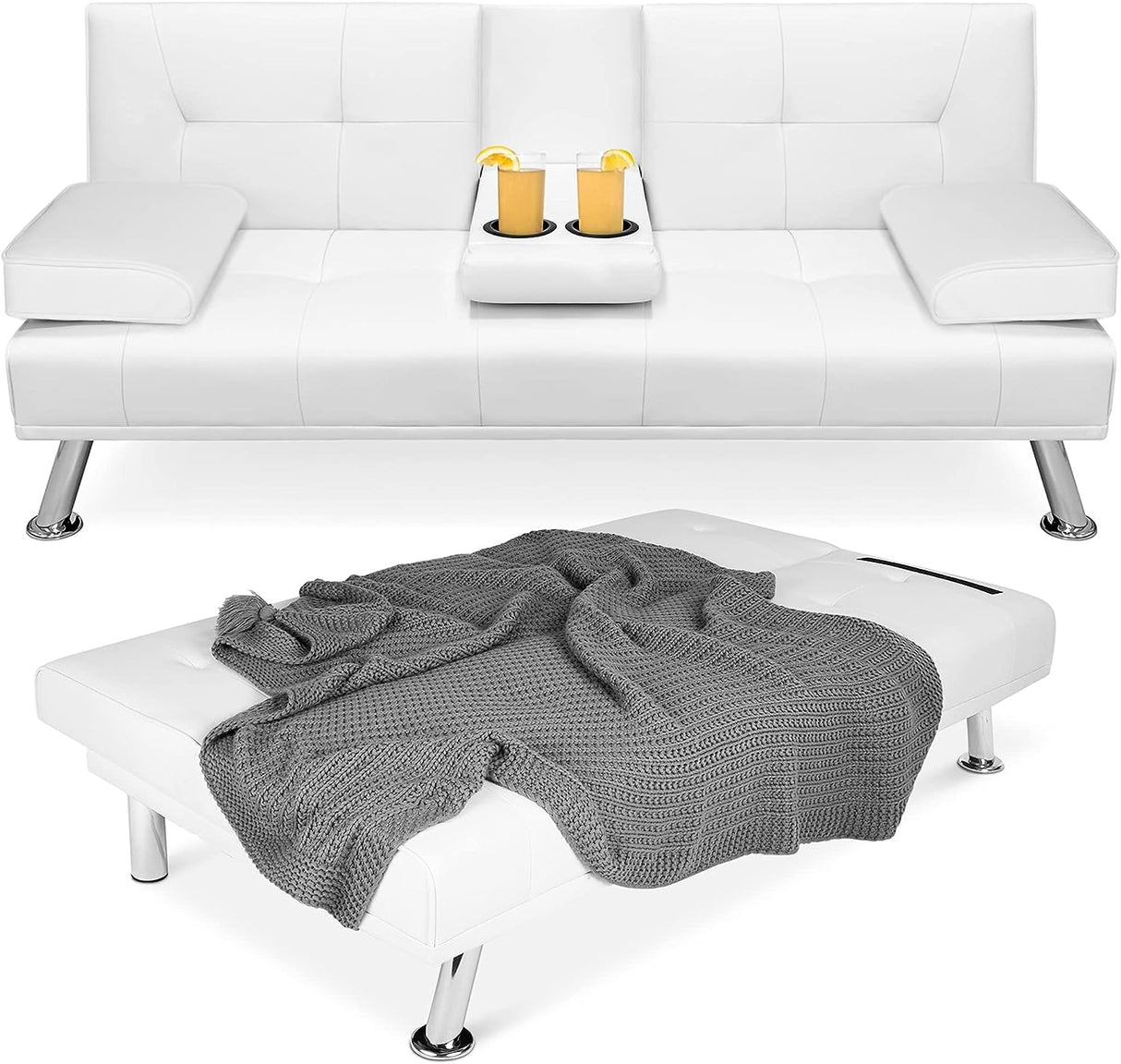 Convertible Folding Futon Sofa Bed with Metal Legs & 2 Cupholders, Modern Fabric Linen Upholstered Couch Loveseat Sleeper, Folding Couches Bed, Removable Armrests for for Small Spaces (White) AnwickNomo