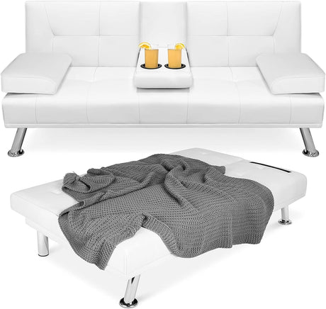Convertible Folding Futon Sofa Bed with Metal Legs & 2 Cupholders, Modern Fabric Linen Upholstered Couch Loveseat Sleeper, Folding Couches Bed, Removable Armrests for for Small Spaces (White) AnwickNomo
