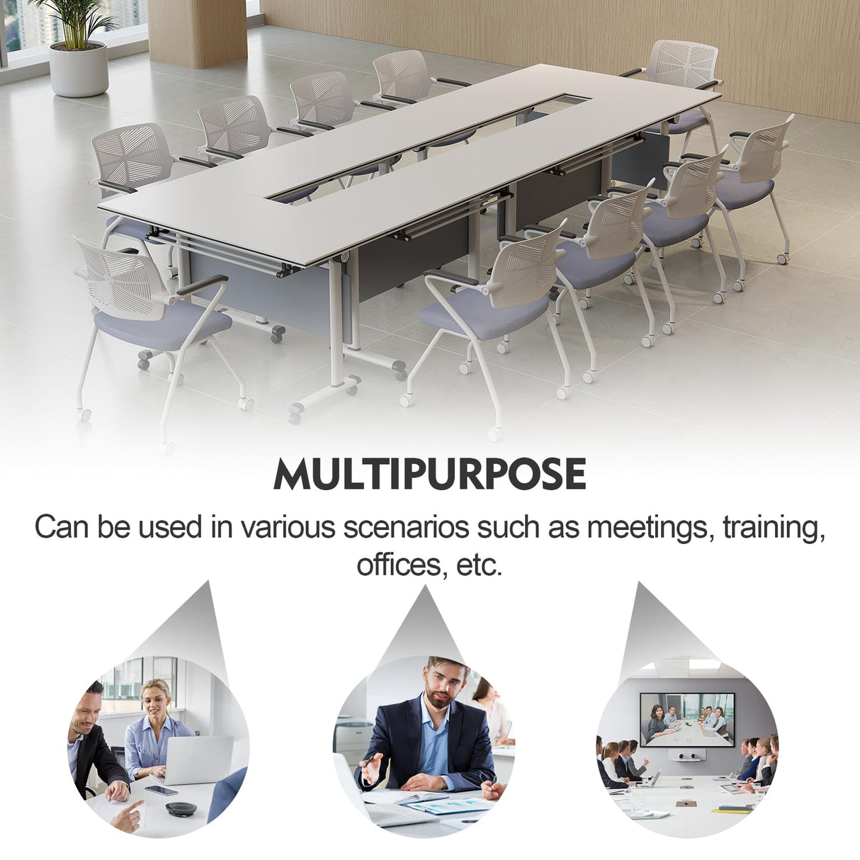 Generic Modern Conference Room Tables, Folding Flip Top Conference Table, White Mobile Training Table, Seminar Boardroom Table, Large Meeting Table for Office,Meeting Room,Classroom 4pcs 140cm WoodArtSupply