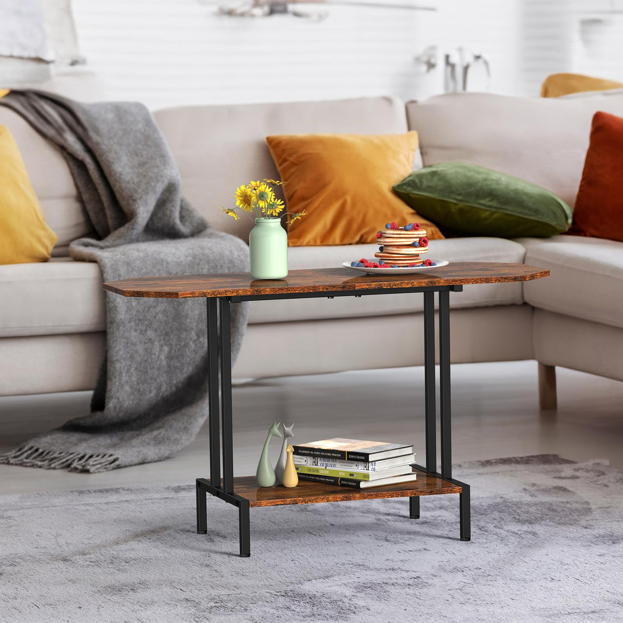 NOVIMANGO Rustic Coffee Table 2-Tier Wood Tea Table Coffee Tables for Living Room Industrial Rectangle Coffee Table for Large or Small Spaces Center Table with Storage Shelf, Brown NOVIMANGO