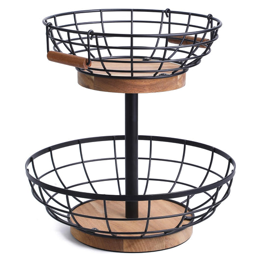 WILDMOS 2-tier Fruit Basket Bowl,Metal Basket with Wooden Base,Fruit and Vegetable Storage with Banana Hanger,Fruit Basket for Kitchen Counter Organizer. - WoodArtSupply