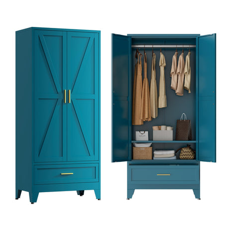 Blue Metal Wardrobe Cabinet for Bedroom, 71" Tall Freestanding Closet System with Drawer and Shelf, Hanging Rod Clothing Organizer with Two Doors, Farmhouse Steel Wardrobe Bedroom Armoires Bevivog