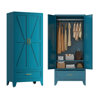 Blue Metal Wardrobe Cabinet for Bedroom, 71" Tall Freestanding Closet System with Drawer and Shelf, Hanging Rod Clothing Organizer with Two Doors, Farmhouse Steel Wardrobe Bedroom Armoires