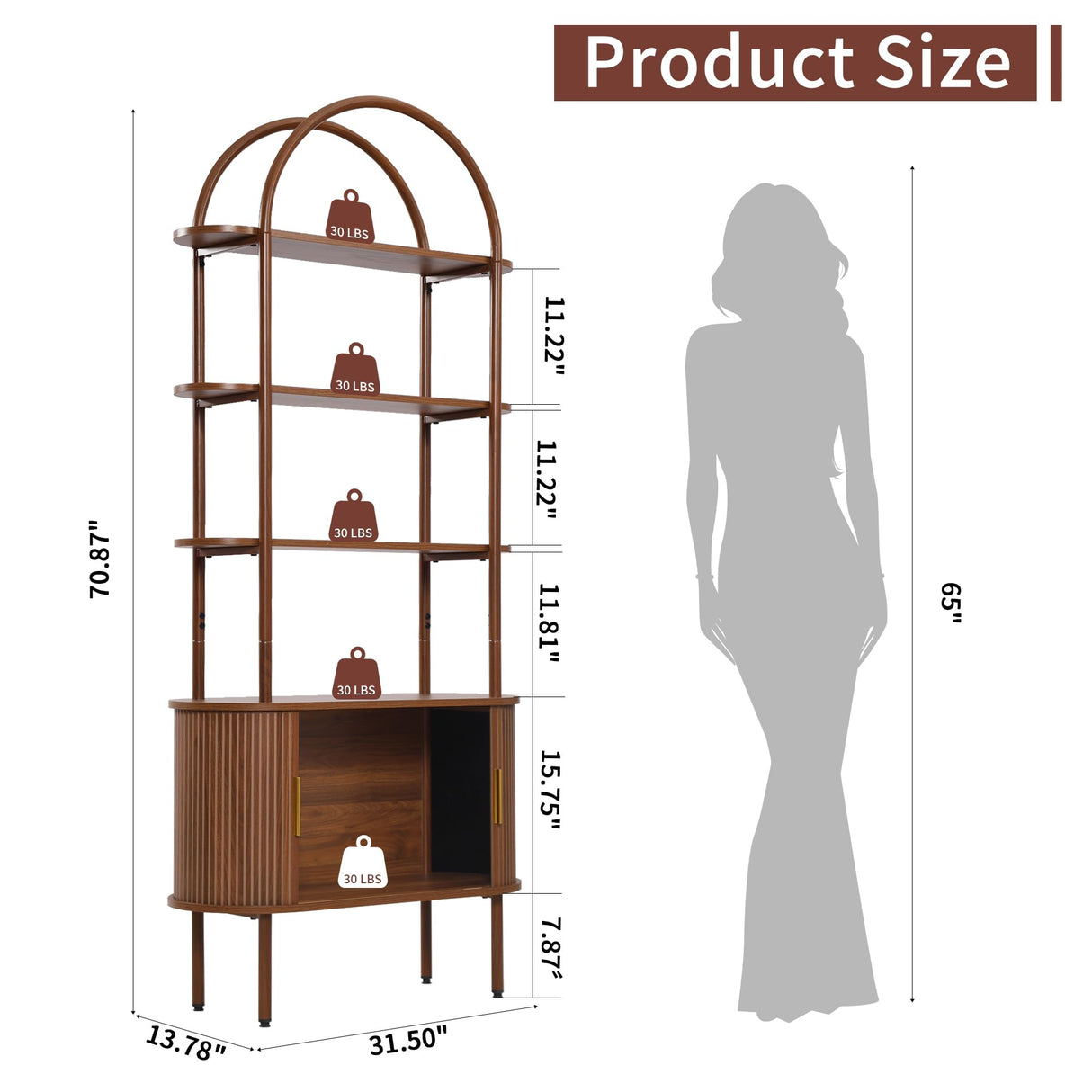 Turtle&Myrtle Tall Arched Bookshelf, Mid Century Modern Fluted Bookcase Cabinet with Sliding Doors, Curved Metal Frame Bookcase, Industrial Storage Display Shelving for Living Room, Bedroom (Walnut) Turtle&Myrtle