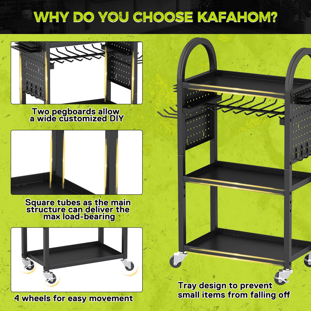 KAFAHOM Power Tool Organizer Cart with Charging Station,Garage Floor Rolling Storage on Wheels for Mechanic,Mobile 8 Drill Holder, Utility Cart with Battery Charging 8 Outlet Power Strip KAFAHOM