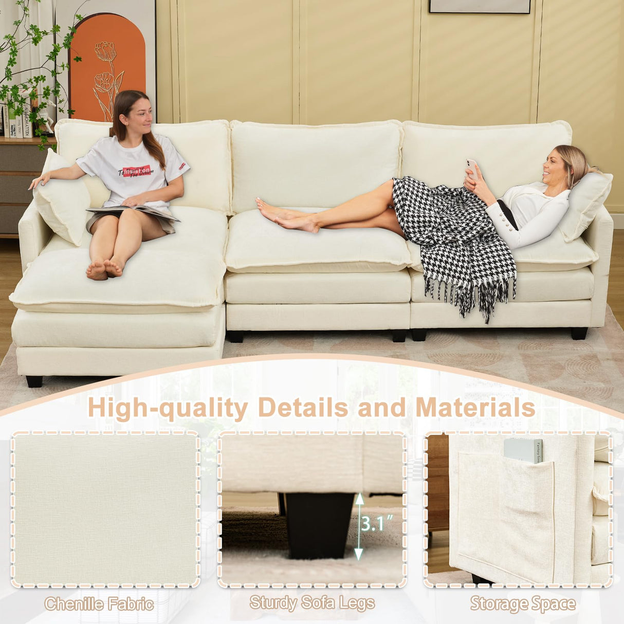 SAMERY Sectional Sofa Cloud Couch, 113" Big Comfy Couch L Shape Sofa Couch for Living Room Extra Deep Seat Sofa Couch Chenille Sofa Sleeper with Ottoman/Pillows, Cream White 3 Seat Sofa Cloud Couch SAMERY