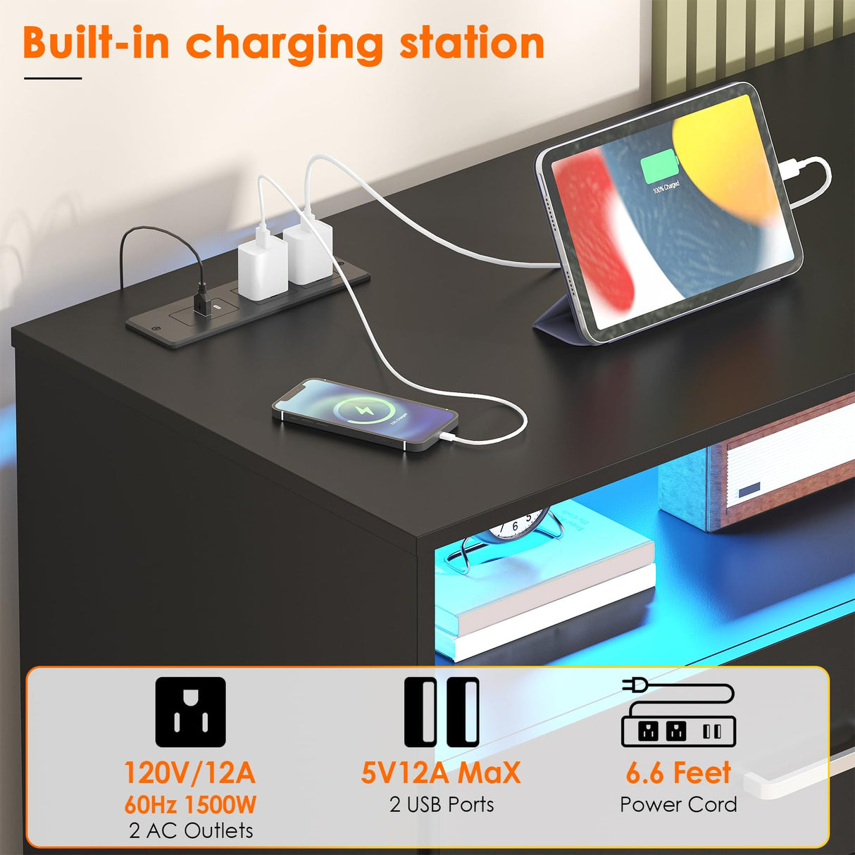 Bigbiglife Dresser for Bedroom, 6 Drawer Dresser with Charging Station and Led Light, Modern Chest of Drawers for Bedroom, Living Room,Black Bigbiglife