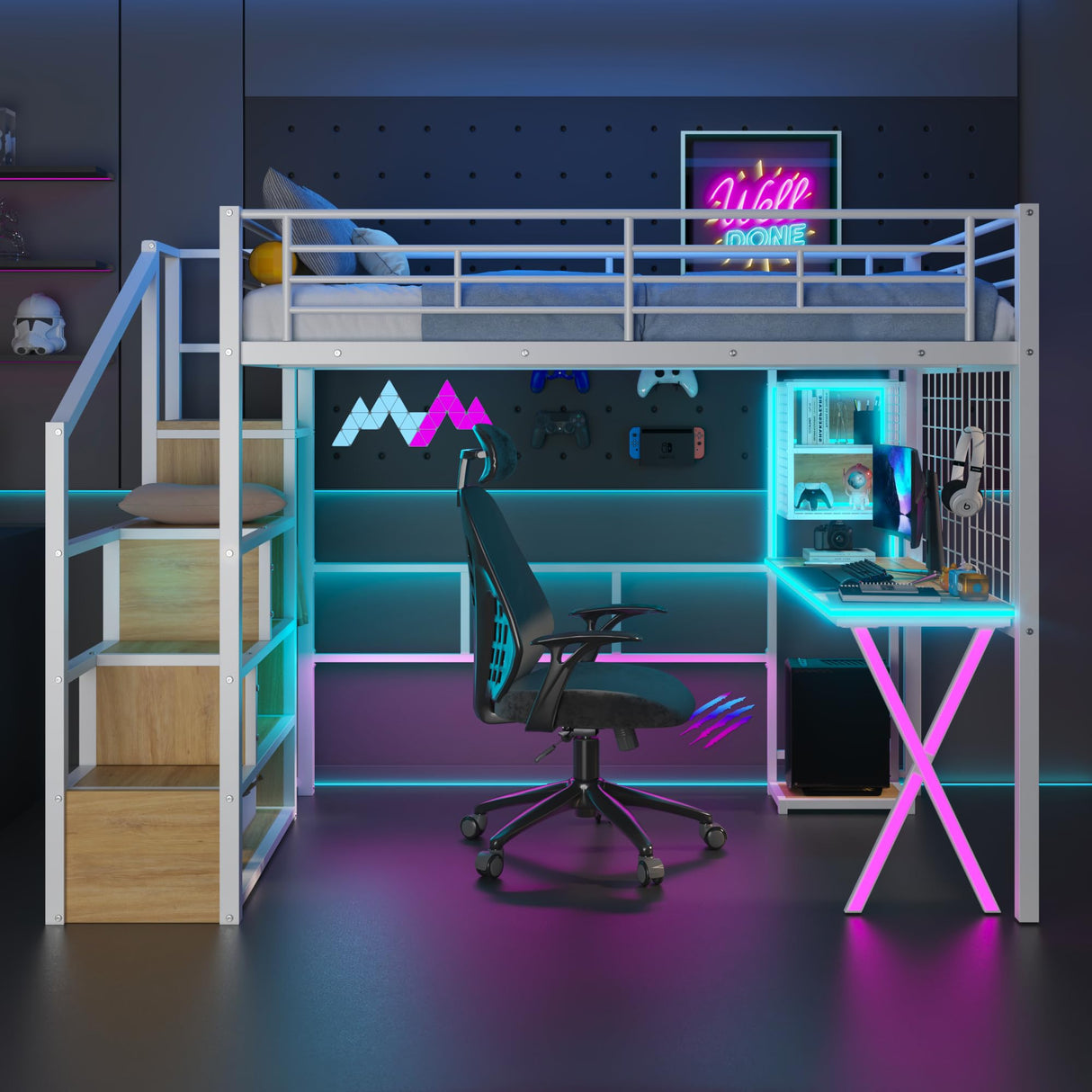 HZXINKEDZSW Full Size Metal Loft Bed with Built-in Work Station,Wardrobe,Storage Staircase and LED,Modern Bed Frame with Safety Guardrail for Kids Teen Girls Boys Bedroom Furniture (White-05, Full) HZXINKEDZSW