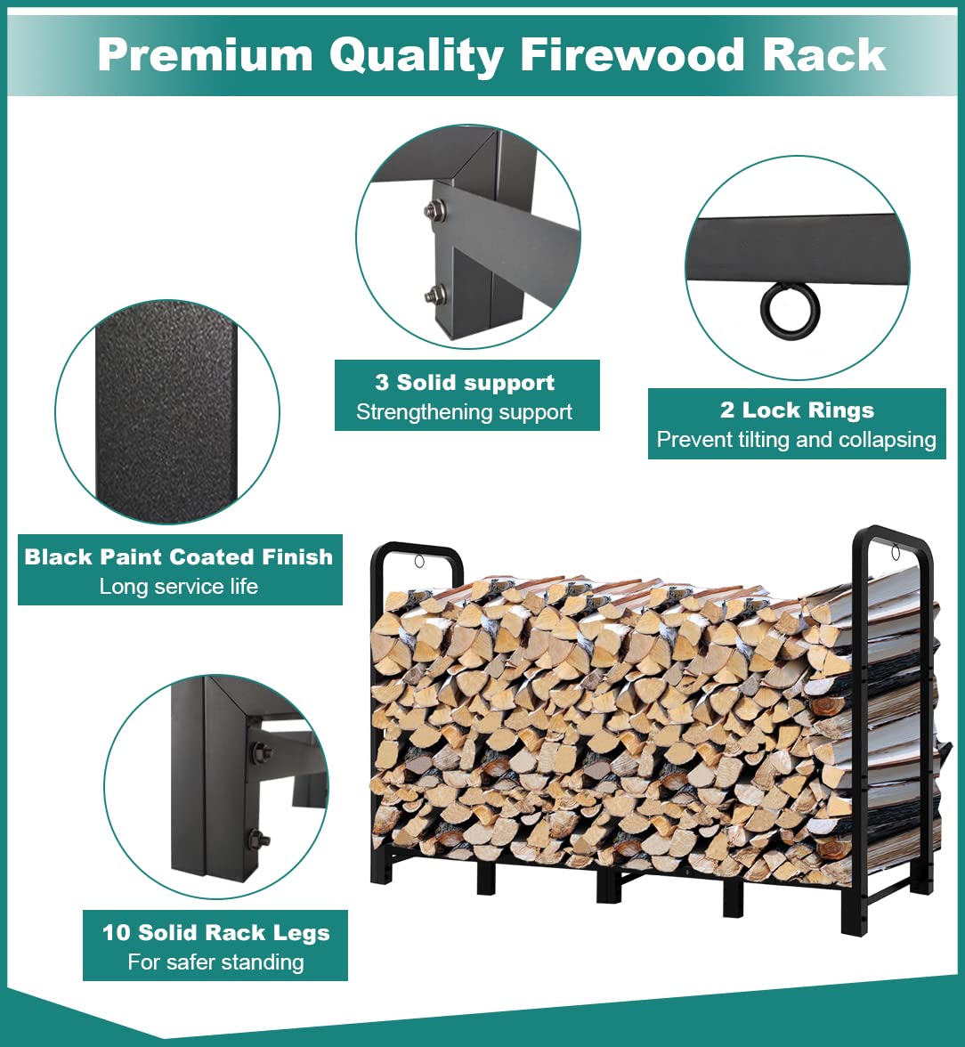 Fandature 8Ft Firewood Rack Adjustable Fireplace Wood Holder For Outdoor Indoor Storage Log-Heavy Duty Fire Log Lumber Stand Stacker, Black Fandature