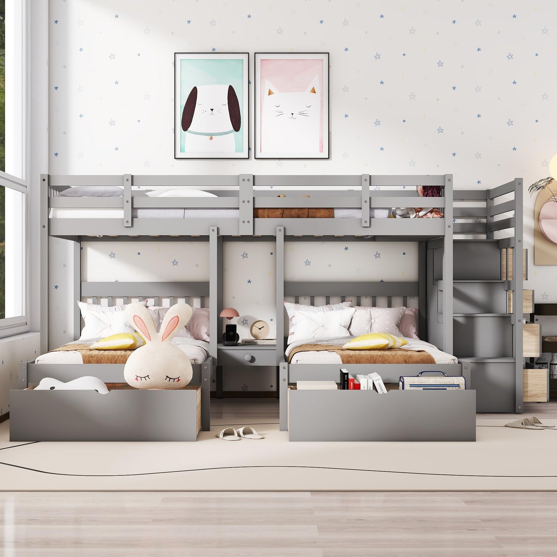 Harper & Bright Designs Grey Triple Bunk Beds with Drawers and Storage Staircase - Full Over Twin & Twin Design - WoodArtSupply