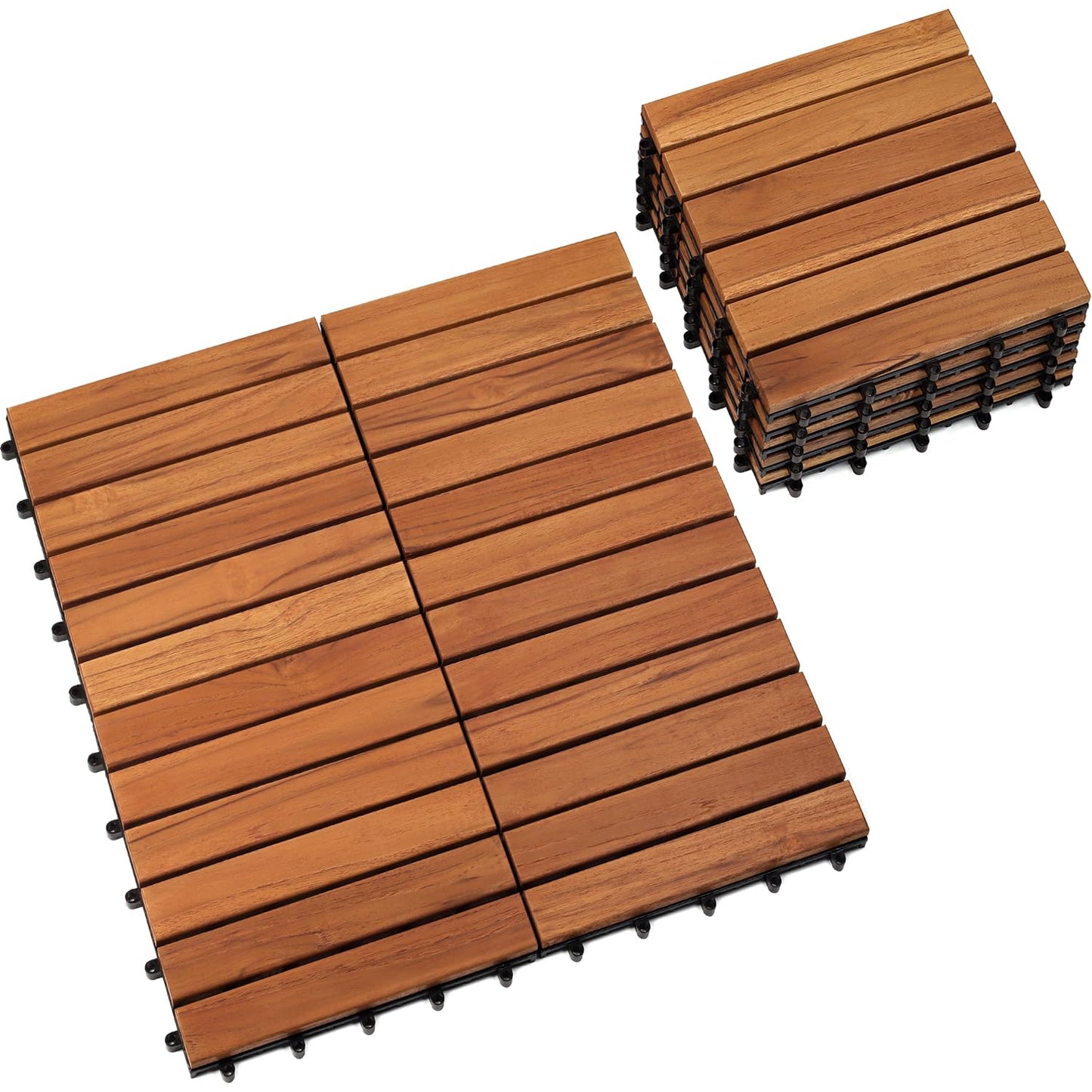 Teak Interlocking Deck Tile (Pack of 9,), Interlocking Patio Tile in Solid Teak Wooden Oiled Finish Waterproof All Weather Perfect for Indoor Outdoor (6 Slat, Teak Wood-9Pcs) - WoodArtSupply