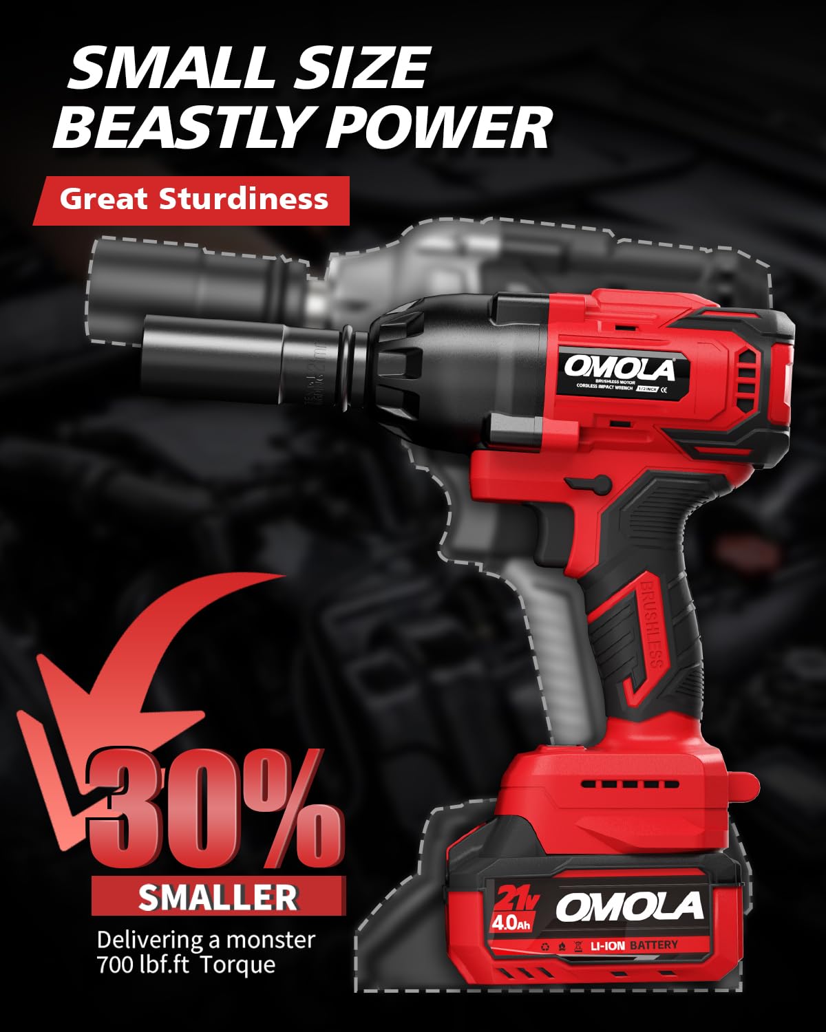 OMOLA Cordless Impact Wrench,1/2 impact gun，700 Ft-lb（950NM） High Torque 3200 RPM,with a 15C 21V 4.0Ah Li-Ion Battery, Fast Charger,Brushless motor，4 Sockets,Electric Impact Wrench for Car Tr - WoodArtSupply