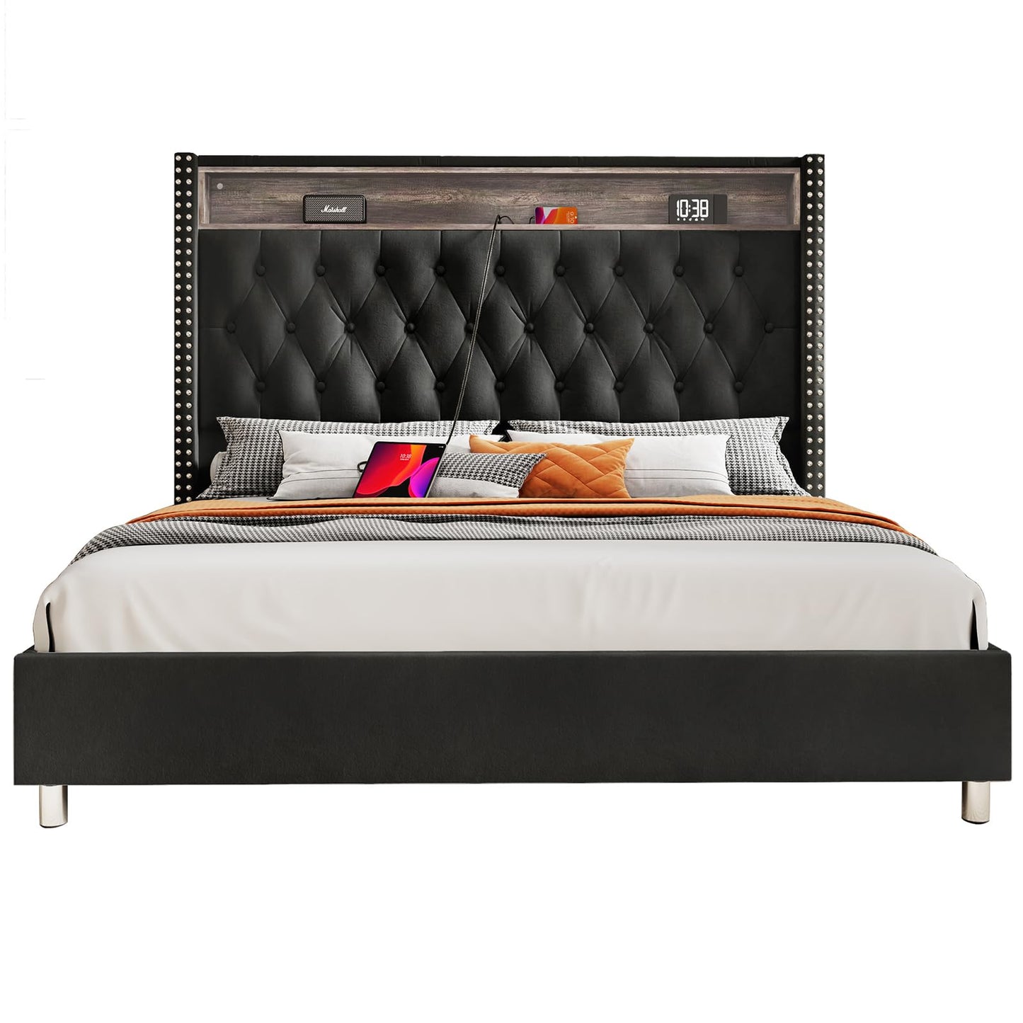 Jocisland Black Velvet King Bed Frame with LED Under Lights and Tall Wingback Headboard - WoodArtSupply