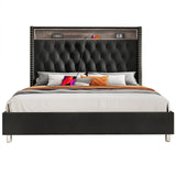 Jocisland King Size Bed Frame 53.6'' Tall Storage Headboard with LED Lights & Charging Station, Velvet Upholstered Button Tufted Wingback Platform Beds, No Box Spring Needed, USB Ports, Black Jocisland