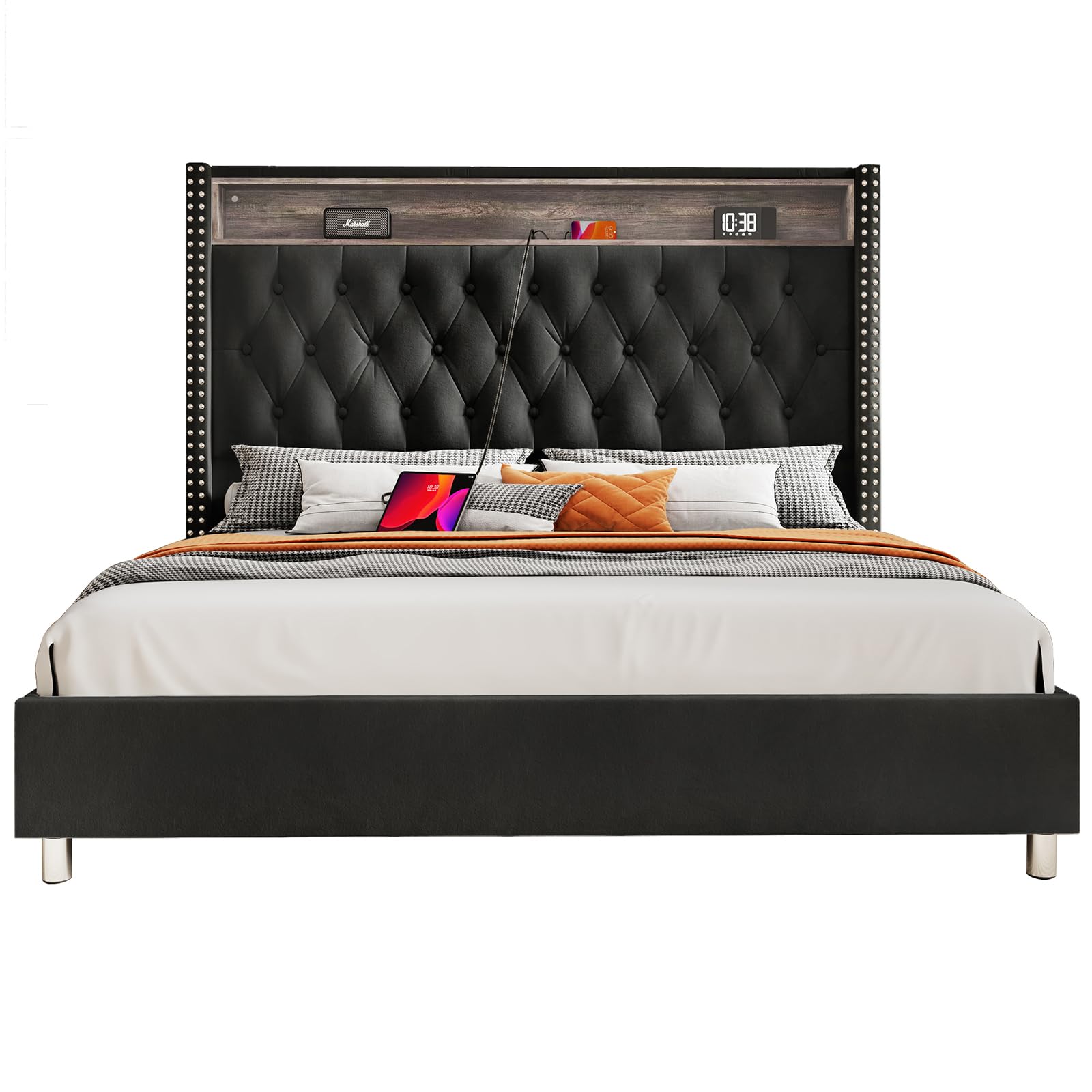 Jocisland LED Bed Frame with Velvet Upholstery and Charging Station, King Size - WoodArtSupply