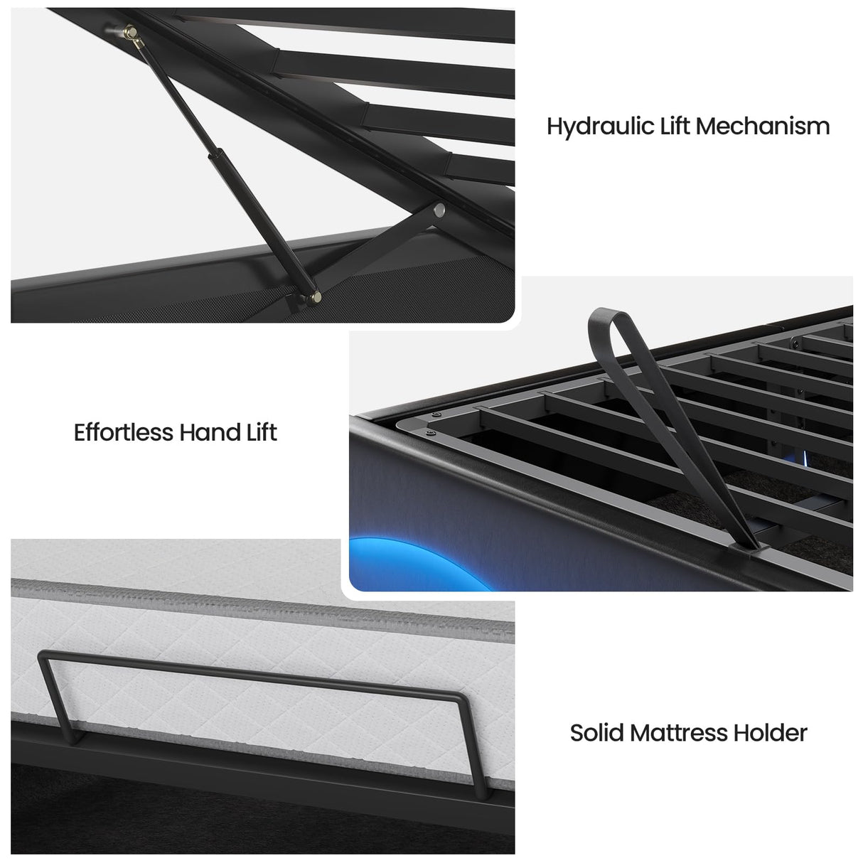 BTHFST Queen Bed Frame with Lift Up Storage, Charging Station & RGB Lights Headboard, PU Leather Upholstered Bed, No Box Spring Needed, Hydraulic Storage, Heavy Duty Wooden Slats, PU Black BTHFST