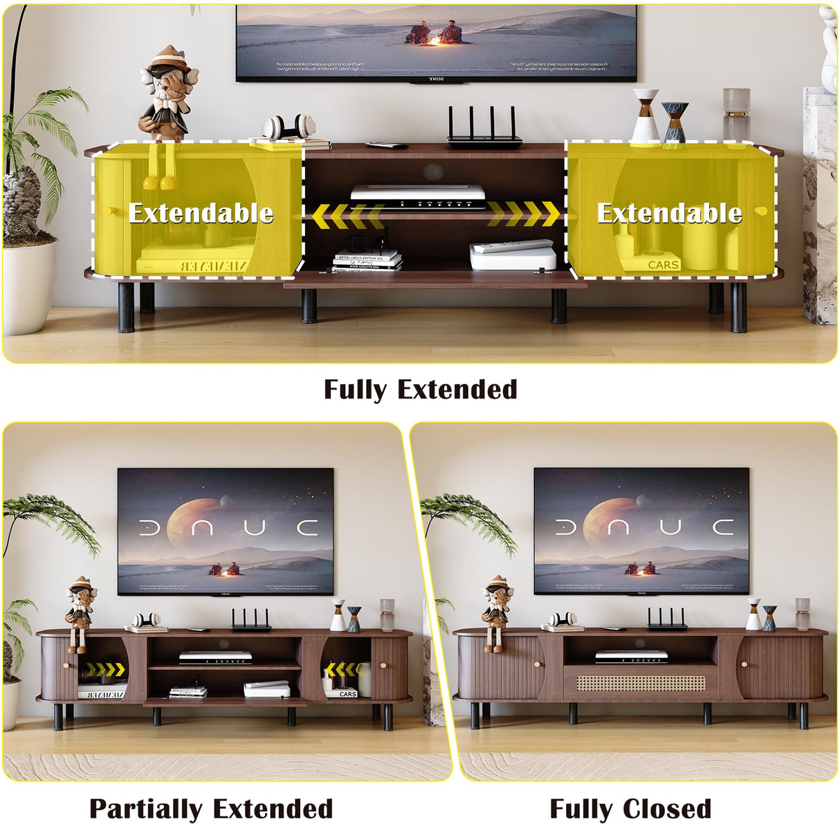 Fluted TV Stand - Modern Wooden Freestanding Entertainment Center Sliding Door TV Cabinet | Farmhouse Curved Round Edge TV and Media Console Table with Storage，Up to 80 inch TVS EXQUAL