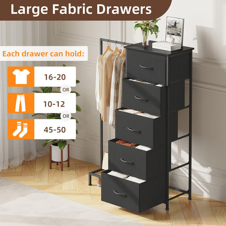 Somdot Dresser with Hanging Rack,5 Drawers Small Closet for Bedroom,Reversible Dresser with Clothes Rack,Kids Dressers for Bedroom Chest of Drawers,Tall Storage Tower,Black Somdot