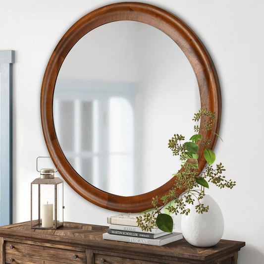 CULER Round Wall Mirrors 30 Inch,Wood Rustic Decorative Transitional Mirror with Walnut Frame for Wall,Farmhouse Hanging Vanity Mirror for Bathroom Bedroom Living Room or Entryway（Rustic Brow - WoodArtSupply