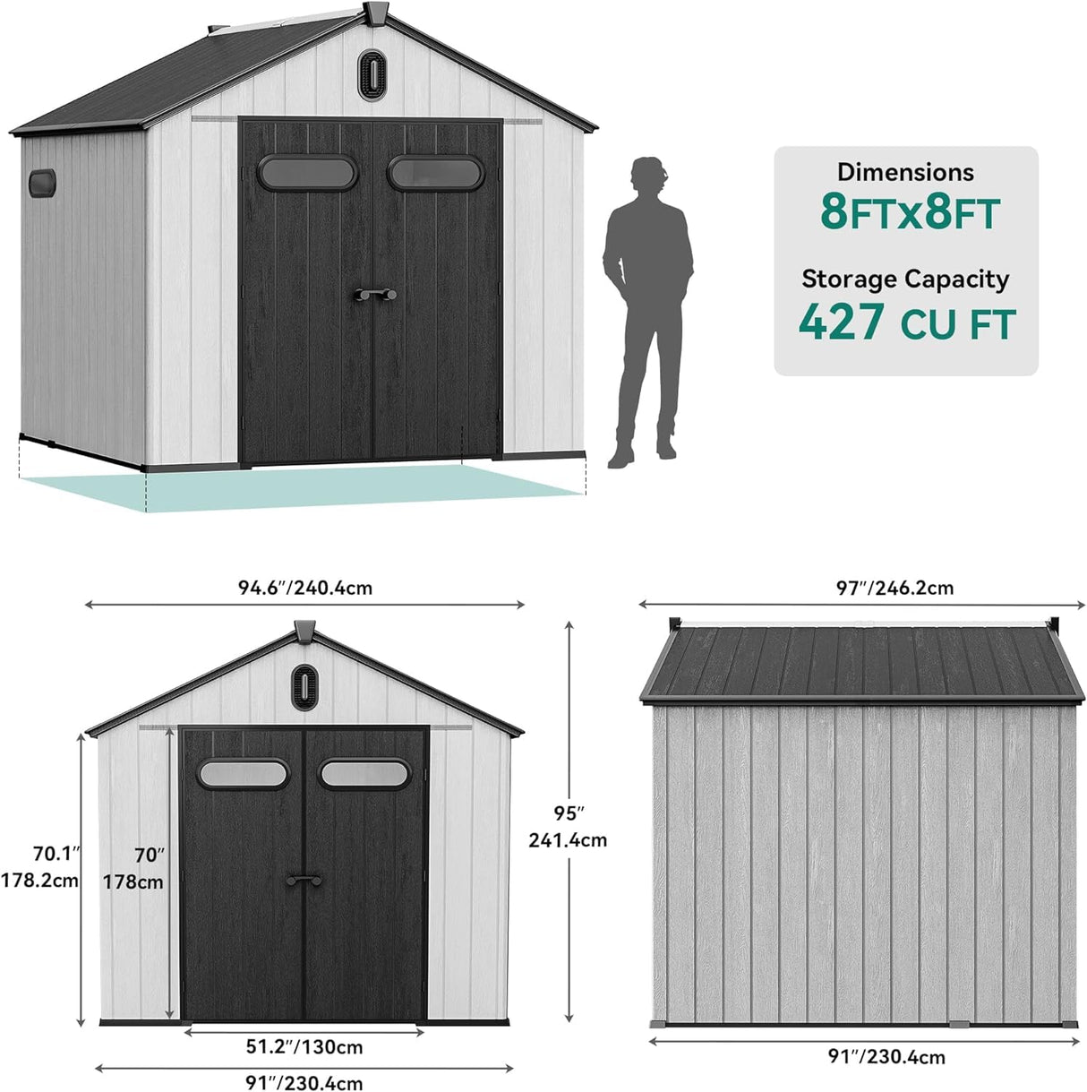 YITAHOME 8x8ft Outdoor Plastic Storage Shed with Floor, 427 cuft Waterproof Garden Shed with Lockable Door, Windows & Vents, Plastic Tool Storage for Patio Furniture, Lawn Mower, Bike Storage, Gray YITAHOME