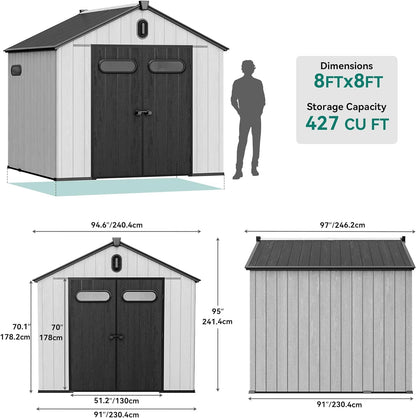 YITAHOME 8x8ft Outdoor Plastic Storage Shed with Floor, 427 cuft Waterproof Garden Shed with Lockable Door, Windows & Vents, Plastic Tool Storage for Patio Furniture, Lawn Mower, Bike Storage, Gray