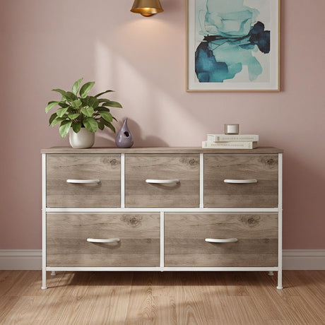 OLIXIS Dresser for Bedroom with 5 Drawers, Wide Chest of Drawers, Fabric Bedroom Dresser with Drawer Organizer, Storage Organizer Unit with Fabric Bins for Closet, Living Room, Hallway, Greige Oak OLIXIS