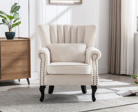 Kmax Cream Accent Chair Velvet Wingback Chair with Pillow Nail-Head Channel Tufted Oversized Club Chair for Living Room Bedroom Guest Room Kmax