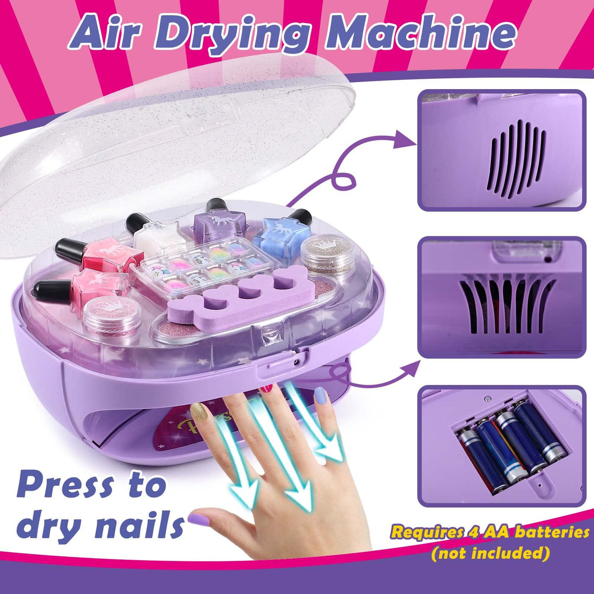 Golray Kids Nail Polish Set for Girls, All-in-One Nail Art Kit - Dryer/ Glitter Powder/ False Nails/ Nail Decals/ Toe Separator/File, Age 3-12 Little Girl Gift Toys Golray