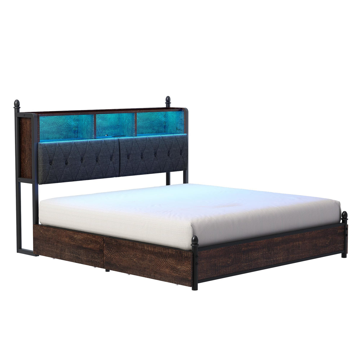 AMERLIFE King Size Bed Frame with Bookcase Headboard, 4 Storage Drawers, Wooden Platform Bed with Charging Station & LED Light, No Box Spring Needed, Noise-Free, Rustic Brown AMERLIFE