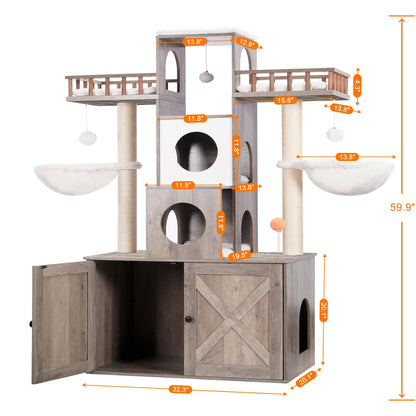 Heybly Cat Tree with Litter Box Enclosure for Indoor Big Cat, Cat Tower for Large Cats 20 lbs Heavy Duty, Modern Cat Condo Furniture with Scratching Posts, Rustic Gray HCT110SG - WoodArtSupply