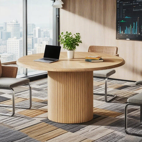 Tribesigns 47" Round Conference Table for 4, Farmhouse Wooden Meeting Room Table with Sturdy Fluted Metal Base, Modern Office Training Desk for Office, Conference Room Tribesigns