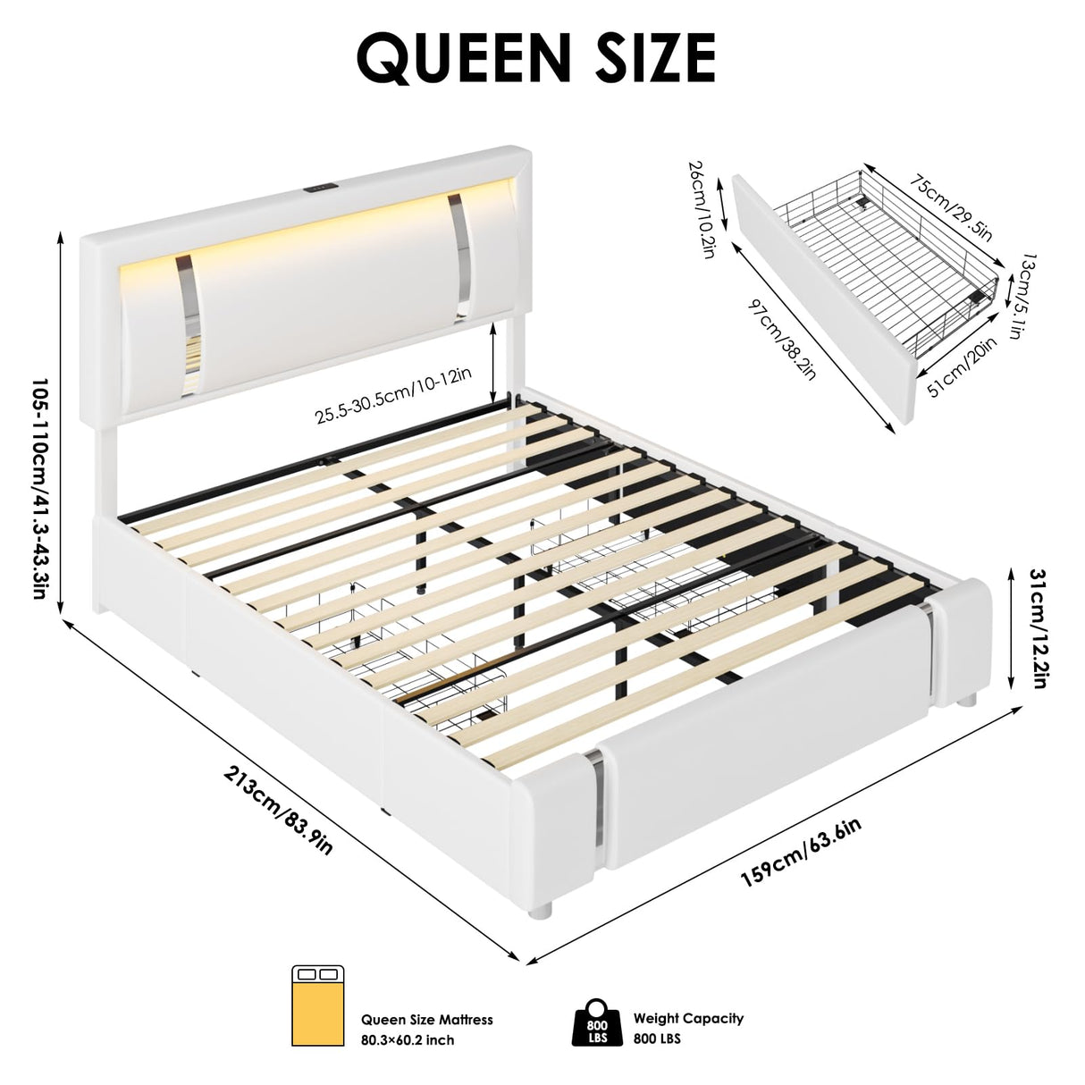 Keyluv Queen Bed Frame with RGB LED Lights Headboard & 2 Storage Drawers, Modern Upholstered Faux Leather Smart Platform Iron Metal Decor, USB USB-C Charging Ports, No Box Spring Needed, White Keyluv