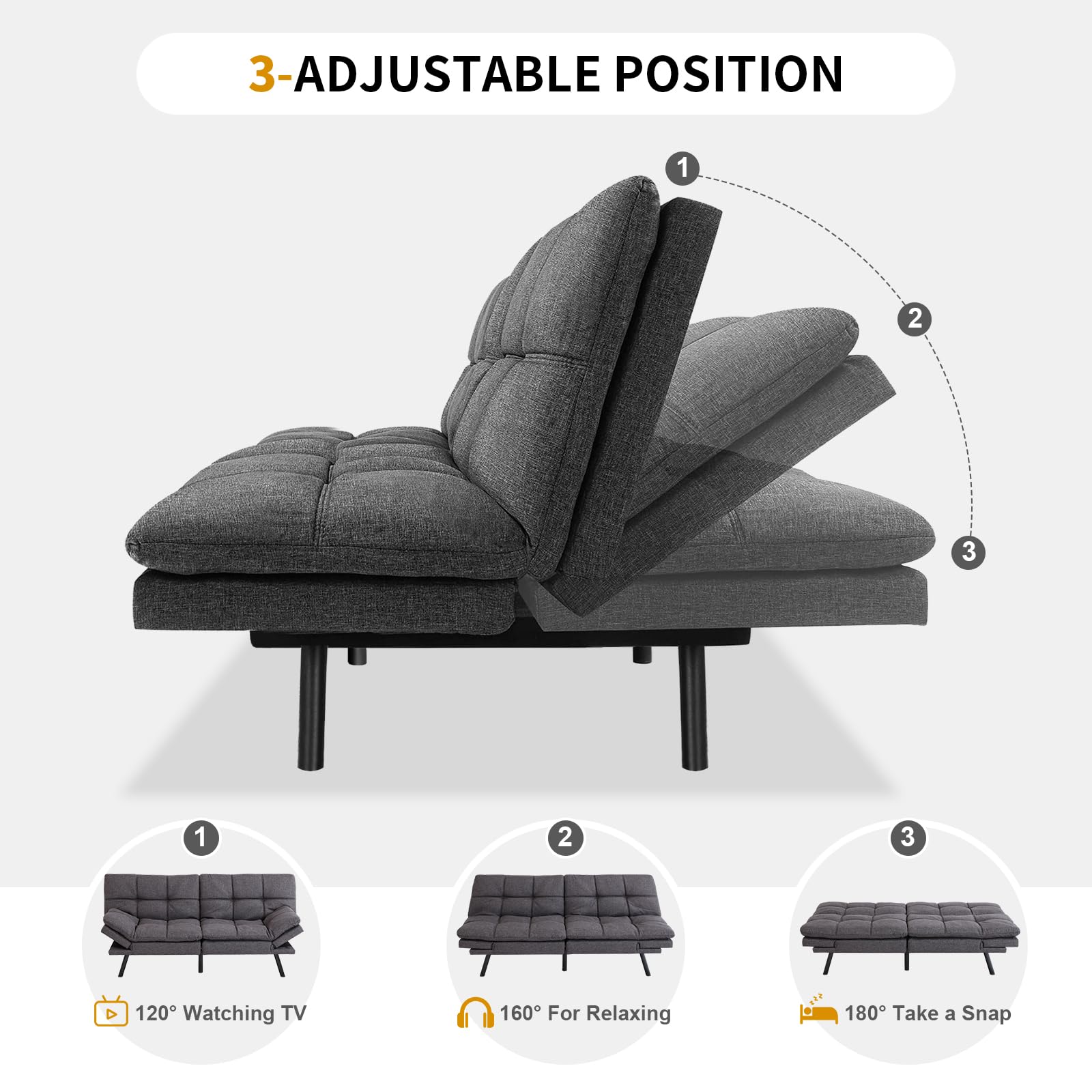 MUUEGM Futon Sofa Couch Bed, Convertible Memory Foam Futons Couch Bed, Adjustable Backrests Armrests Couch Bed Sleeper,Modern Love Seat Daybed Sofa for Living Room,Small Space,Office,71", Lin - WoodArtSupply