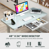 Giantex Glass Standing Desk with Drawer, 48" x 24" Height Adjustable Electric Stand Up Desk with Tempered Glass Top, 2 Memory Positions & USB Type-C Outlets, Sit Stand Desk for Home Office, White Giantex